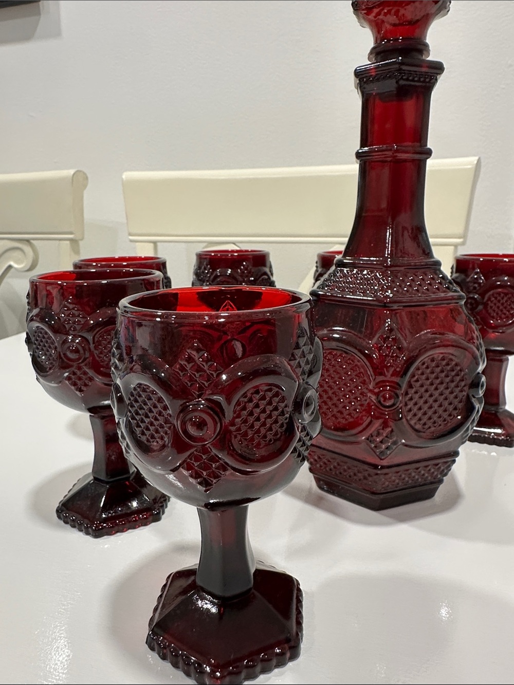 Avon Ruby Red Pressed Glass Decanter and Goblet Set - Picture 7 of 16